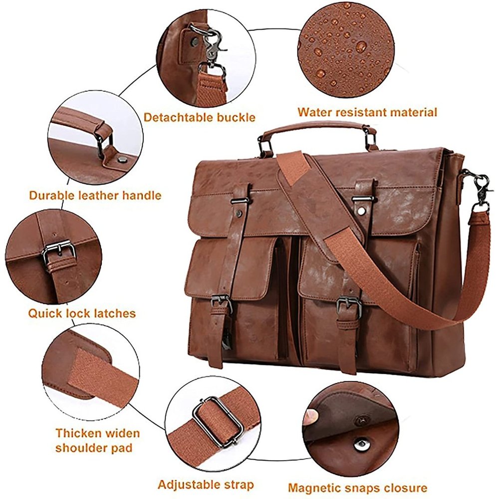 PU Leather Messenger Bag for Men, Vintage Leather Laptop Bag, 17.3 Inch - Picture 5 of 6